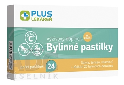 PLUS LEKÁREŇ Bylinné pastilky Bez cukru šalvia, ženšen, vitamín C, 1x24 ks