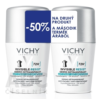 VICHY INVISIBLE RESIST DETRANSPIRANT 72H DUO detranspirant proti zápachu, roll-on (-50% na druhý produkt) 2x50 ml, 1x1 set