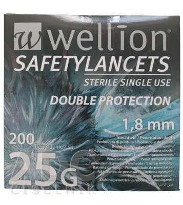Wellion SAFETYLANCETS 25G - Lanceta bezpečnostná hĺbka vpichu 1,8 mm, sterilná, jednorazová 1x200 ks