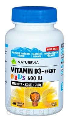 NATUREVIA VITAMIN D3-EFEKT KIDS 600 I.U. cmúľacie pastilky s pomarančovou príchuťou 1x60 ks