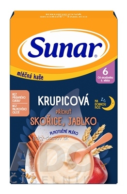Sunar mliečna KAŠA KRUPICOVÁ Na dobrú noc príchuť škorica, jablko (od ukonč. 6. mesiaca) 1x210 g