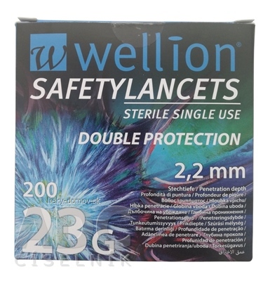 Wellion SAFETYLANCETS 23G - Lanceta bezpečnostná hĺbka vpichu 2,2 mm, sterilná, jednorazová 1x200 ks