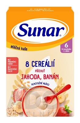Sunar mliečna KAŠA 8 CEREÁLIÍ príchuť jahoda, banán (od ukonč. 6. mesiaca) 1x210 g