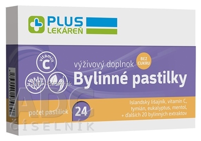 PLUS LEKÁREŇ Bylinné pastilky Bez cukru Islandský lišajník, vitamín C, 1x24 ks