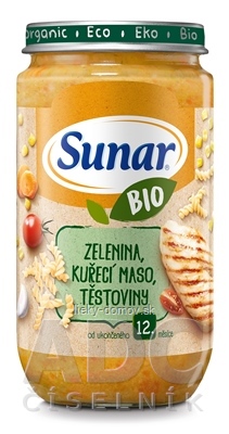 Sunar BIO príkrm ZELENINA, Kuracie MÄSO, CESTOVINY (od ukonč. 12. mesiaca) 1x235 g