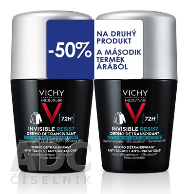 VICHY HOMME INVISIBLE RESIST DETRANSPIRANT 72H DUO detranspirant proti zápachu, roll-on (-50% na druhý produkt) 2x50 ml, 1x1 set