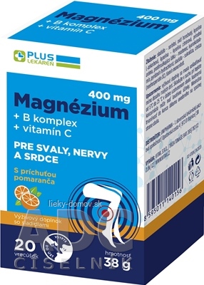 PLUS LEKÁREŇ Magnézium 400 mg+B komplex+vitamín C vrecúška s príchuťou pomaranč 1x20 ks
