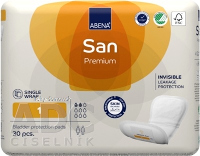 ABENA San Premium 1 inkontinenčné vložky, anatomické, 10x22 cm, savosť 200 ml, 1x30 ks