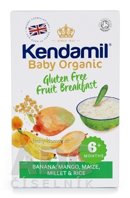 KENDAMIL Organic, BIO Bezglut. kaša ovocné raňajky (banán, mango) obilná (od ukonč. 6. mesiaca) 1x150 g