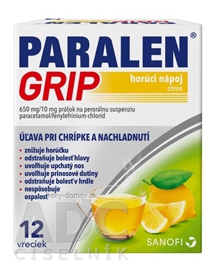 PARALEN GRIP horúci nápoj citrón plu por 650 mg/10 mg (vre.papier/PE/Al/PE) 1x12 vrecúšok