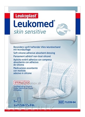 LEUKOPLAST LEUKOMED SKIN SENSITIVE textilné krytie s vankúšikom, náplasť sterilná, 5x7,2 cm, 1x5 ks