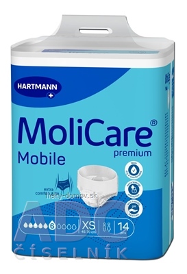 MoliCare Premium Mobile 6 kvapiek XS plienkové nohavičky naťahovacie, modré, obvod 45 - 70 cm, savosť 1361 ml, 1x14 ks