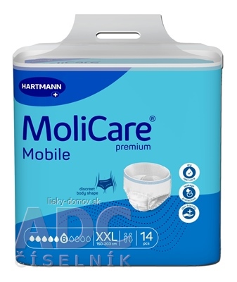 MoliCare Premium Mobile 6 kvapiek XXL plienkové nohavičky naťahovacie, modré, obvod 150 - 203 cm, savosť 2277 ml, 1x14 ks