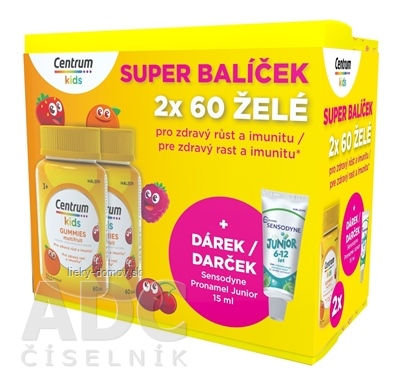 Centrum kids GUMMIES multifruit (darčekové balenie) želé s vitamínmi a minerálmi 2x60 ks + darček: zubná pasta (inov. 2025), 1x1 set