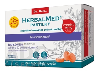 HERBALMED PASTILKY pri nachladnutí - Dr.Weiss bez cukru (šalvia, ženšen, extrakt 20 bylín a vit.C) pastilky (24+6 navyše) 1x30 ks)