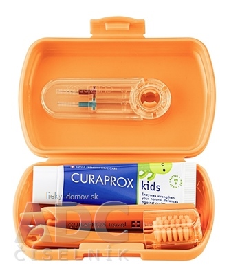 CURAPROX Kids travel set oranžový (1x zubná kefka, 2x medzizubná kefka CPS, 1x zubná pasta mäta 6+ 10 ml, 1x nálepka) 1x1 set