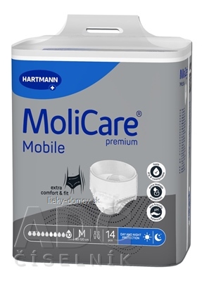 Molicare Premium Mobile 10 kvapiek M plienkové nohavičky naťahovacie, sivé, obvod 80 - 120 cm, savosť 2626 ml, 1x14 ks