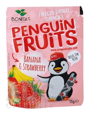 PENGUIN FRUITS Banana & Strawberry BIO mrazom sušený banán a jahoda 1x15 g