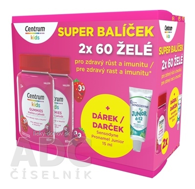 Centrum kids GUMMIES malina a jahoda (darčekové balenie) želé s vitamínmi a minerálmi 2x60 ks + darček: zubná pasta (inov. 2025), 1x1 set