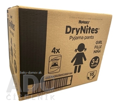 HUGGIES DryNites S pre dievčatá (3-4 roky) JUMBO plienkové nohavičky 12-21 kg, 4x16 ks