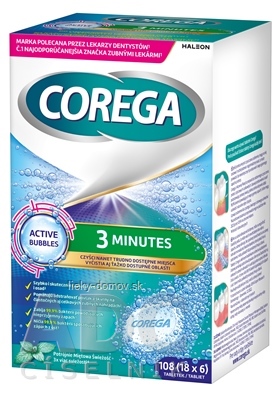 COREGA 3 MINUTES DENTURE TABLETS antibakteriálne čistiace tablety 18x6 ks (108 ks)